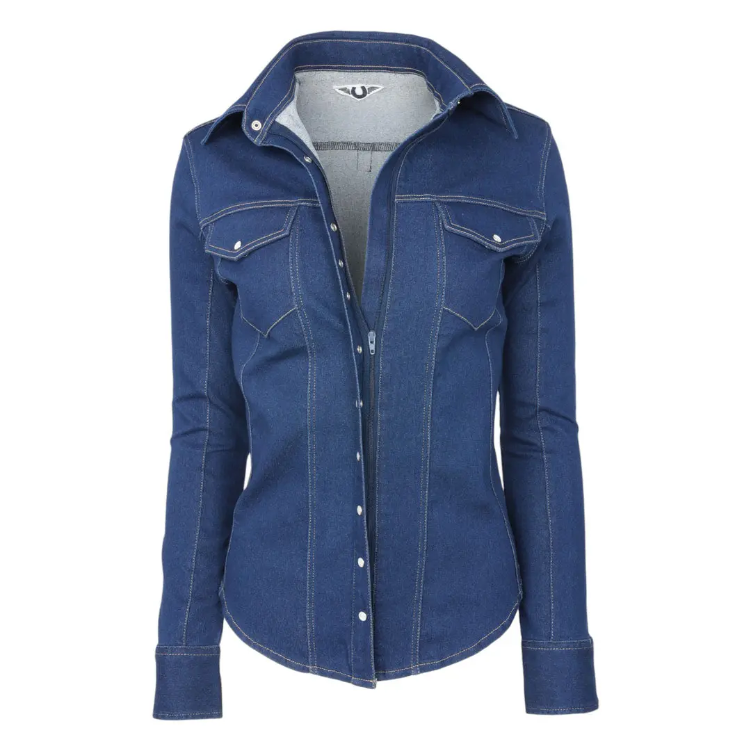 Tuffrider Cody Ladies Western Denim Shirt With Covered Zip Closure And Decorative Pearl Snaps 1