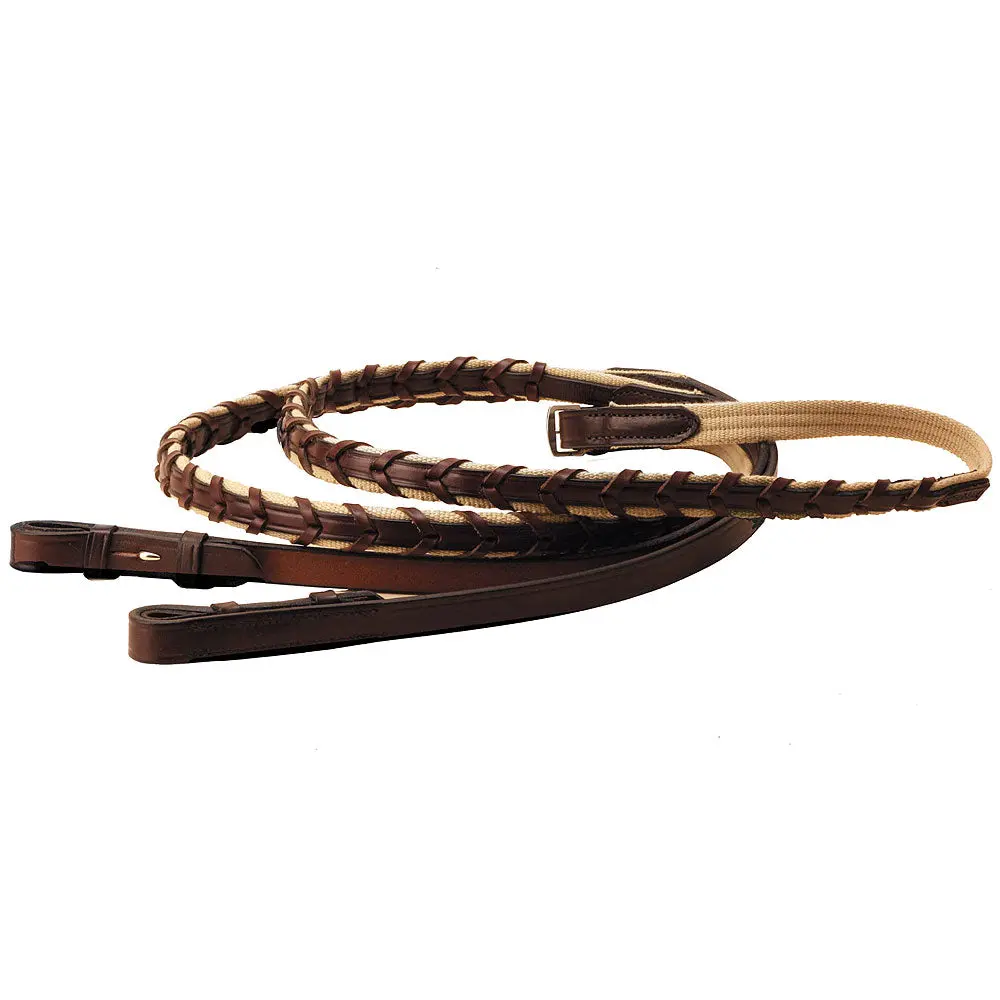 5/8"X54" Tory Leather Bridle Cotton Web Cross Country Reins Center Buckle Havana 1