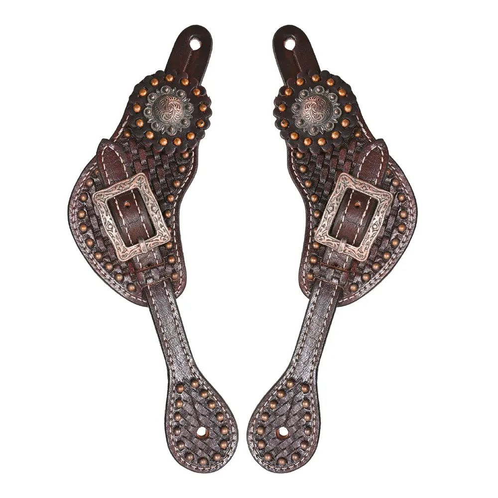 Hilason Western Leather Spur Straps Copper With Studs And Concho 1