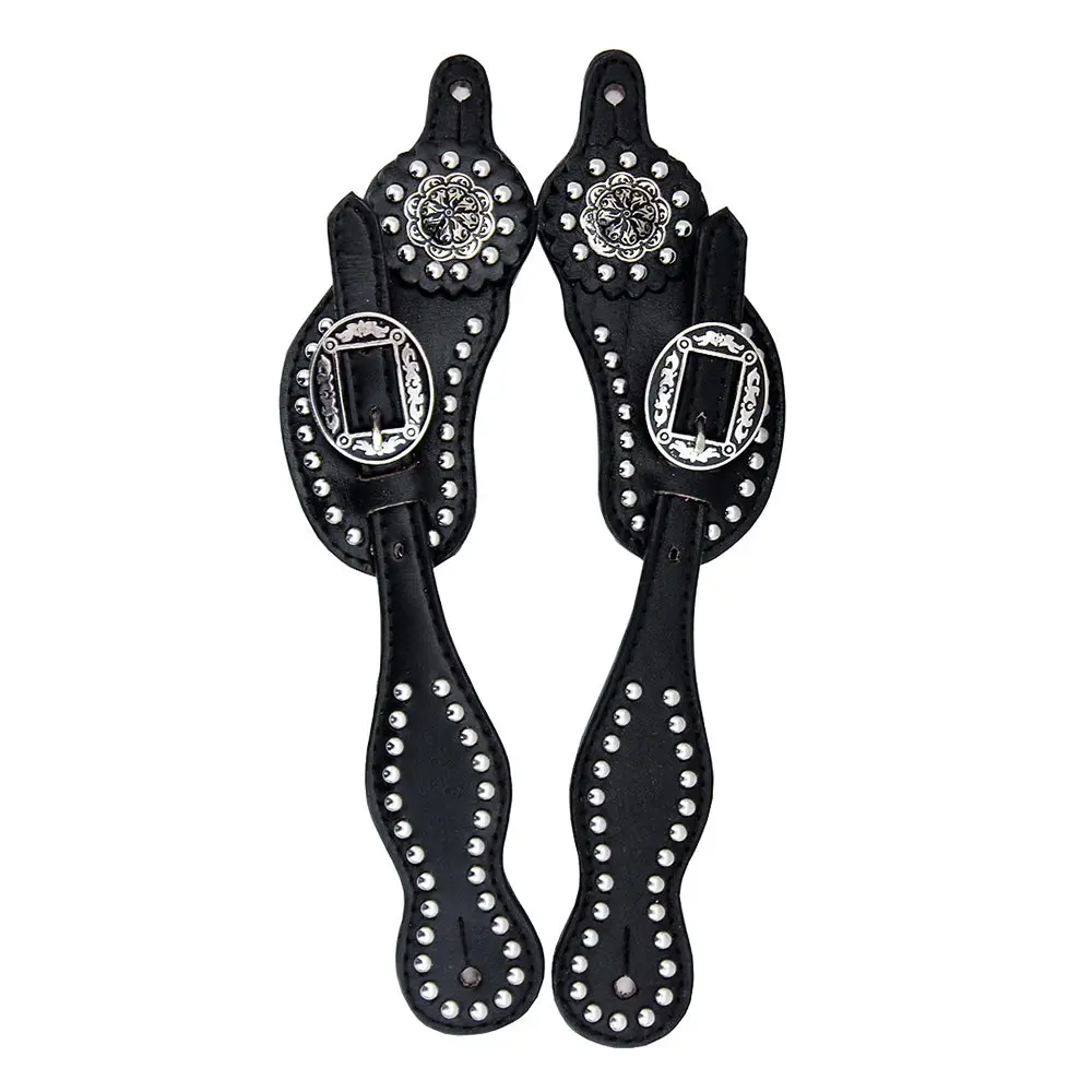 Hilason Western Leather Spur Straps Black With Studs And Concho 1