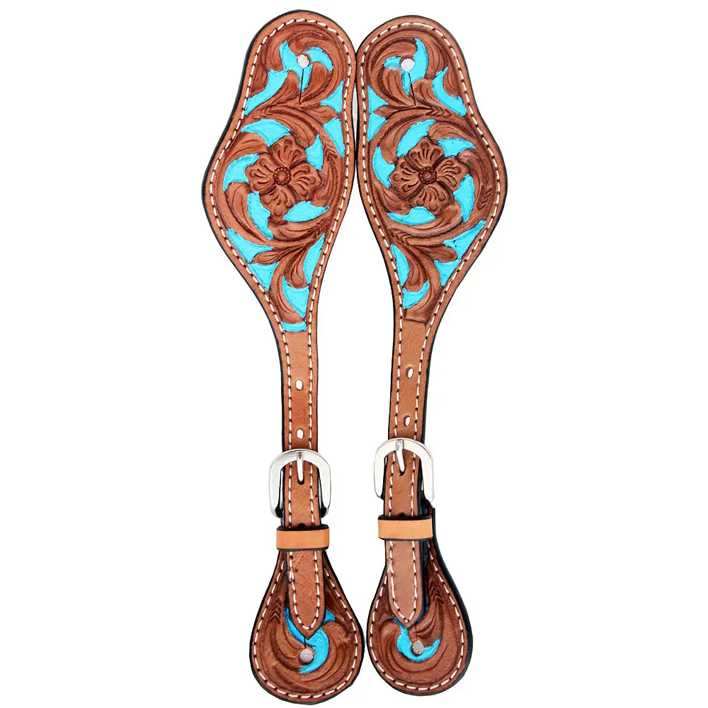 Hilason Western Leather Spur Straps Brown Floral Hand Paint Turquoise 1