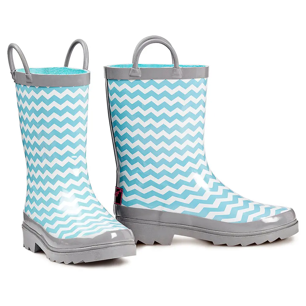 M&F Western Blazin Roxx Lacy Girls' Rain Boots Aqua Chevron Easy Pull-On Handles 1