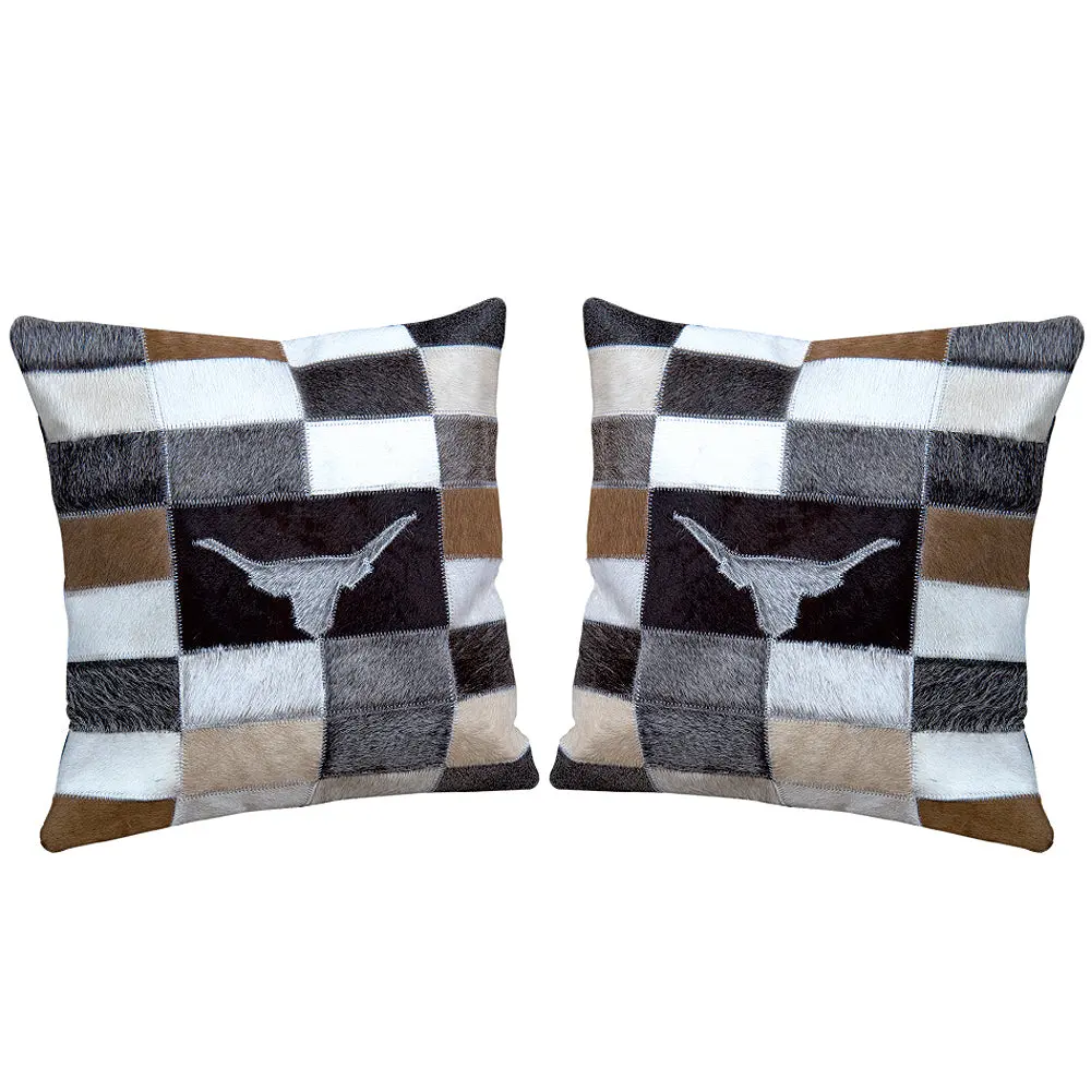 Set Of 2 Western Cowhide Leather Hair On Patchwork Cushion Pillow Cover 1