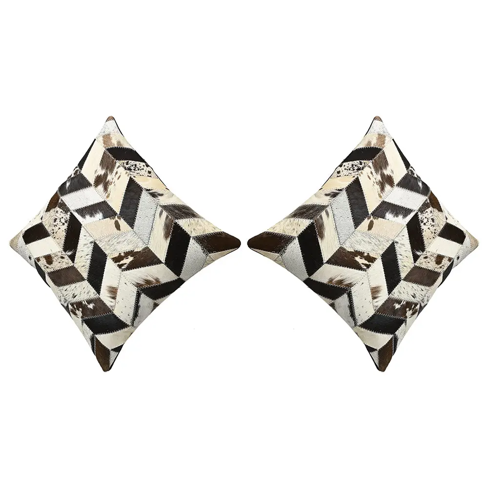 Set Of 2 Cowhide Leather Hair-On Patchwork Cushion Pillow Cover 16 X 16 1