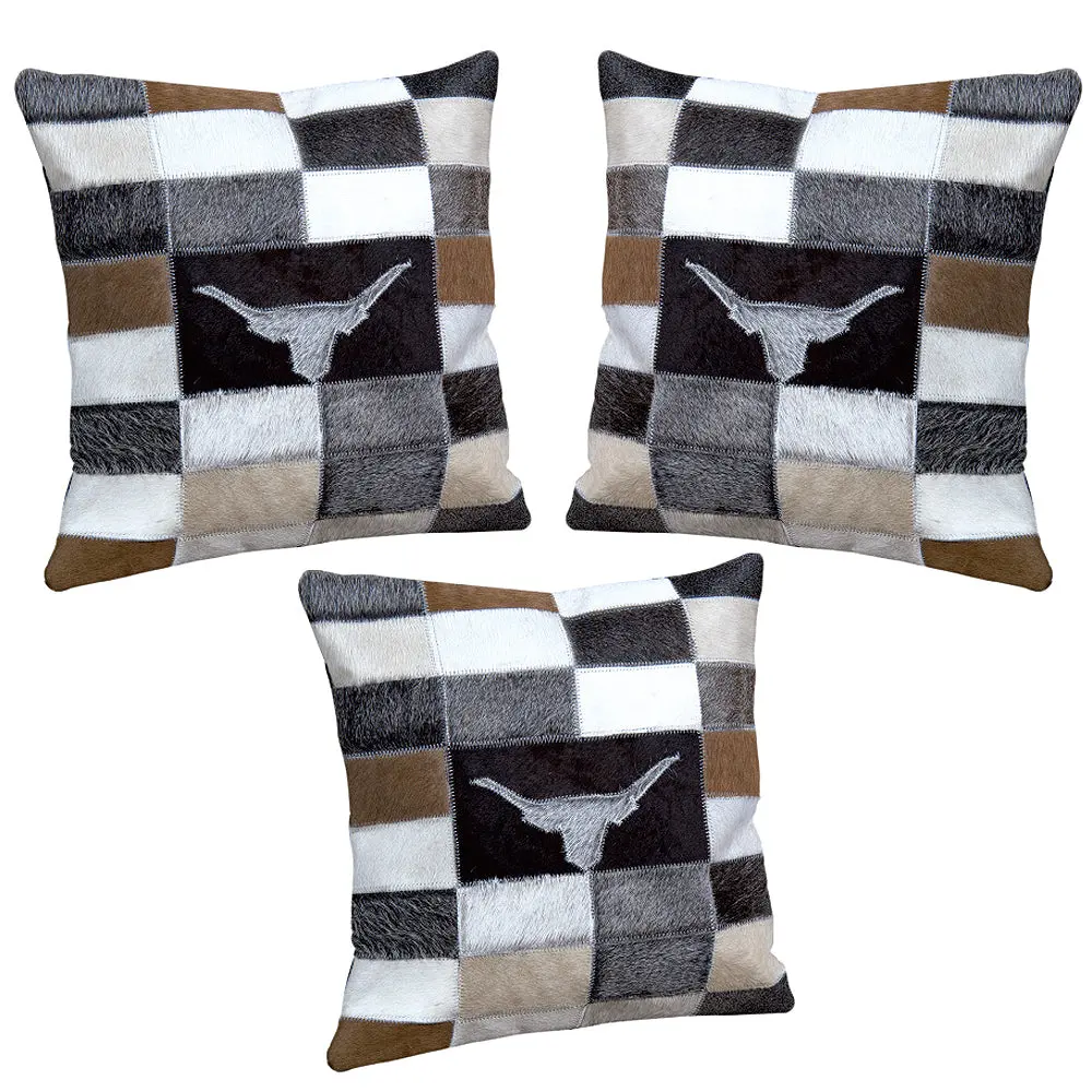 Set Of 3 Western Cowhide Leather Hair On Patchwork Cushion Pillow Cover 1
