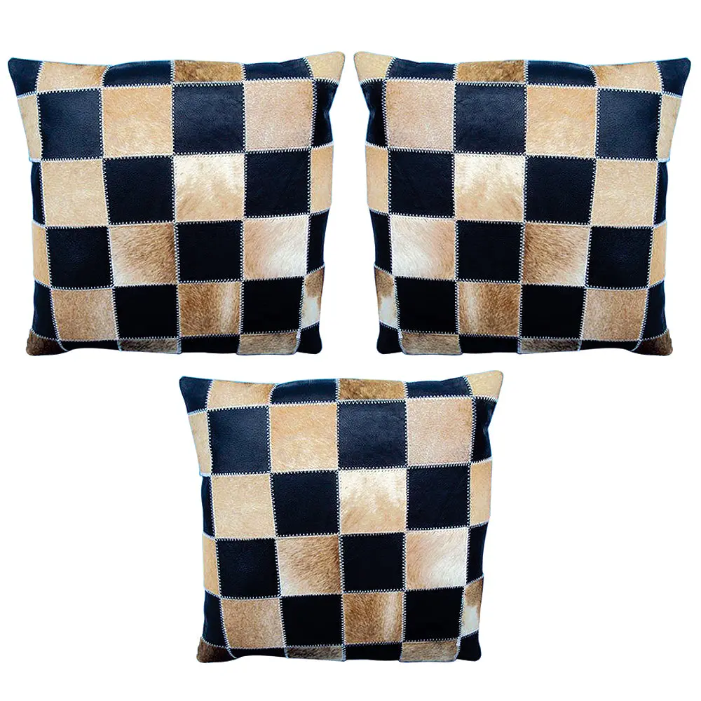 Set Of 3 Smooth Leather Patchwork Cushion Pillow Cover 16 X 1