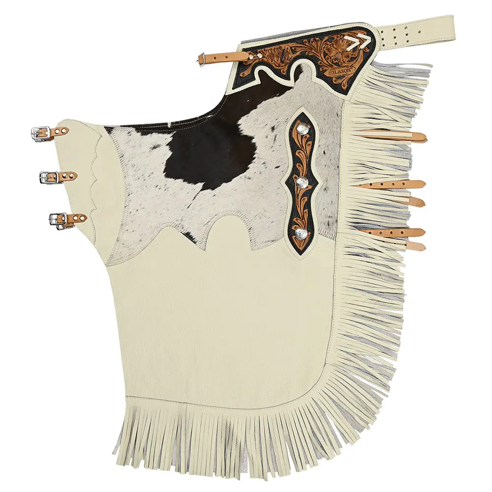 Hilason Bull Riding Chinks Adult Pro Rodeo Bronc Leather White | Handmade Chaps Western For Adults Hand Tooled 1