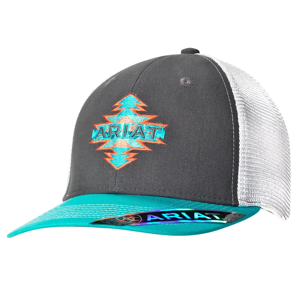 Ariat Ladies Cap Aztec Accents Horse Riding Baseball Logo Grey Turquoise Coral 1