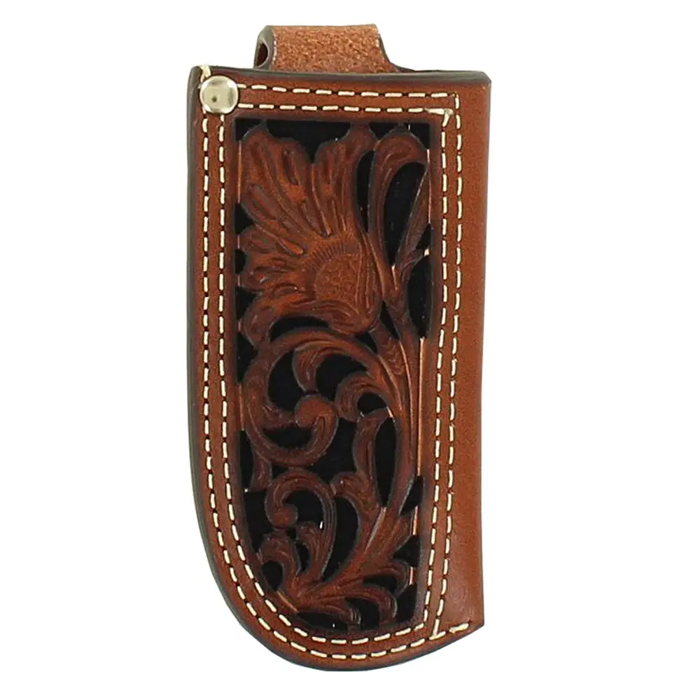 Small Nocona Pierced Leather Pocket Knife Sheath Cutouts Top Stitching Black 1