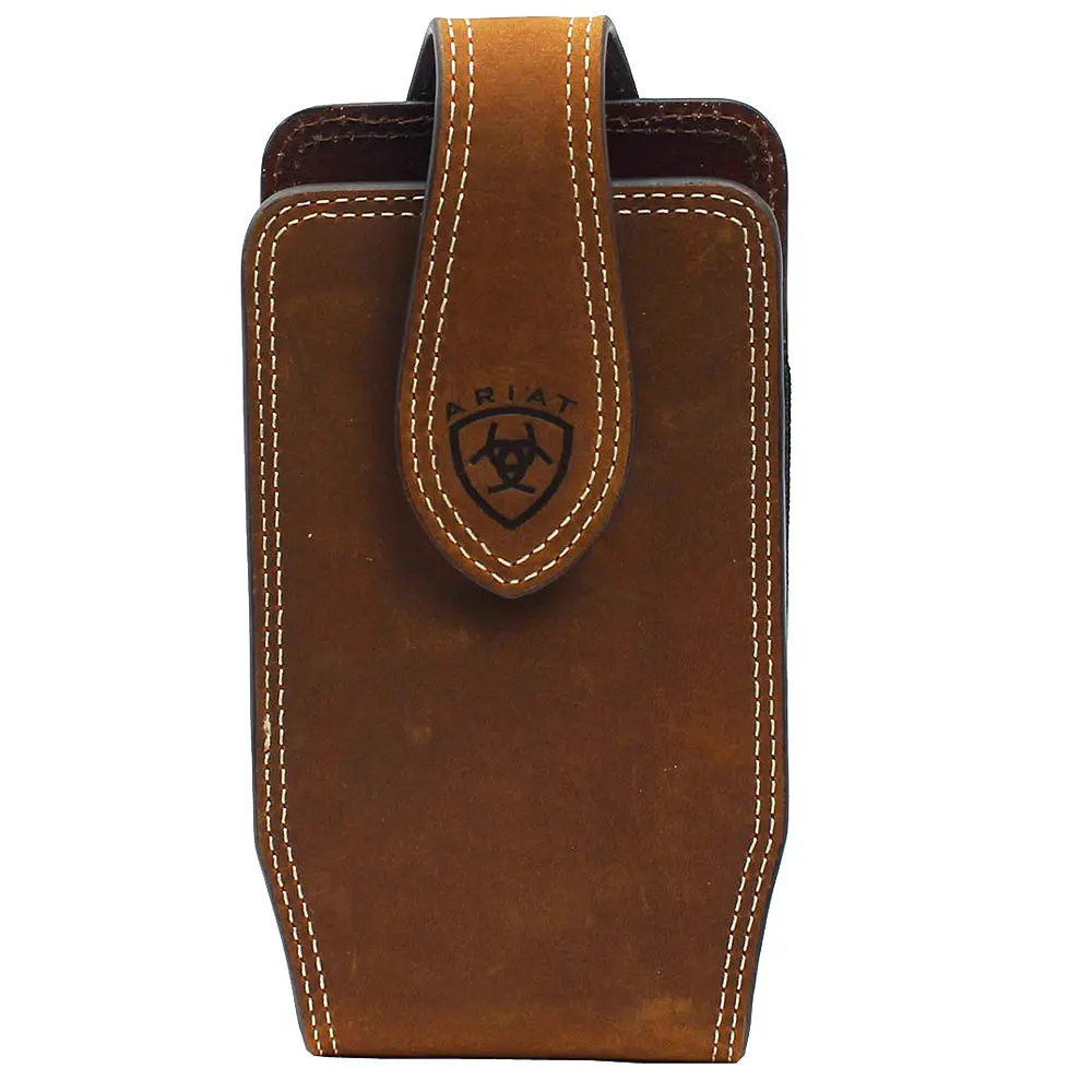 Ariat Cell Phone Case Holder Logo Leather Double Stitched Edges Medium Brown 1