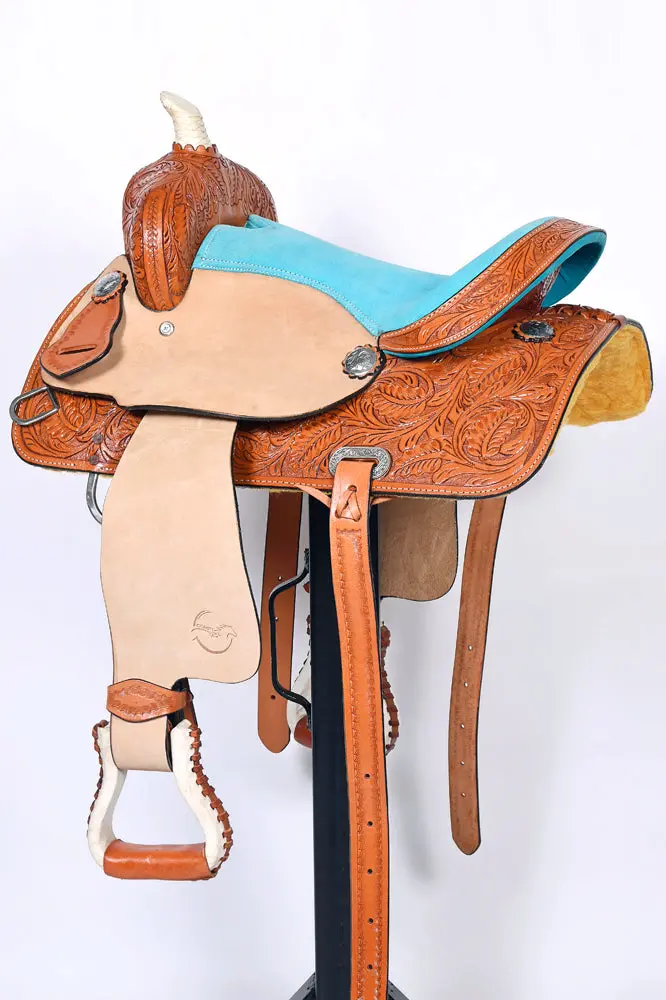 Comfytack Tan Western Kids Youth Children Miniature Pony Saddle Leather Trail Tack | Hand Tooled Saddle | Western Saddle | Saddle For Horses | Horse Tack Set 2