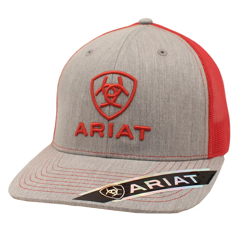Ariat Mens Logo Snapback Cap Contrast Stitching Mesh Back Grey Red 1