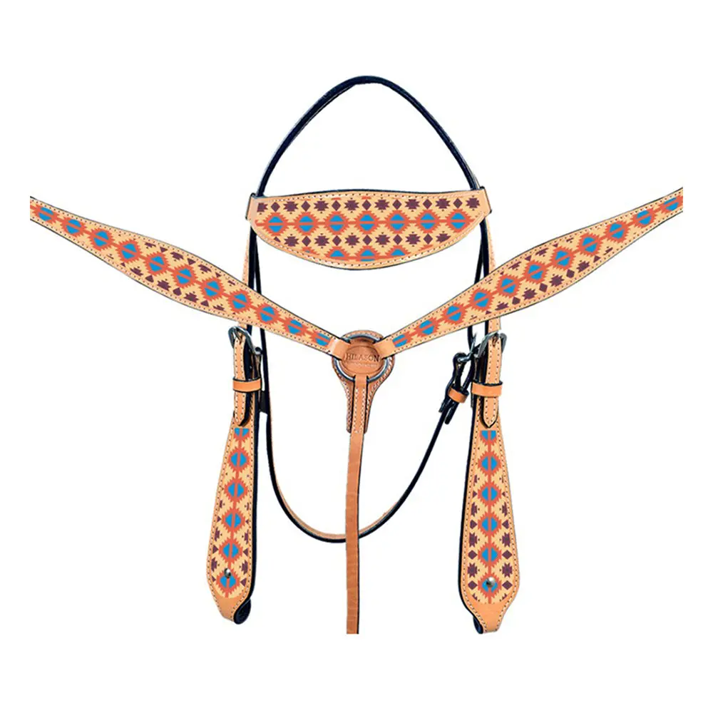 Hilason Western Horse Leather Headstall & Breast Collar Tack Set Aztec | For Horses 1