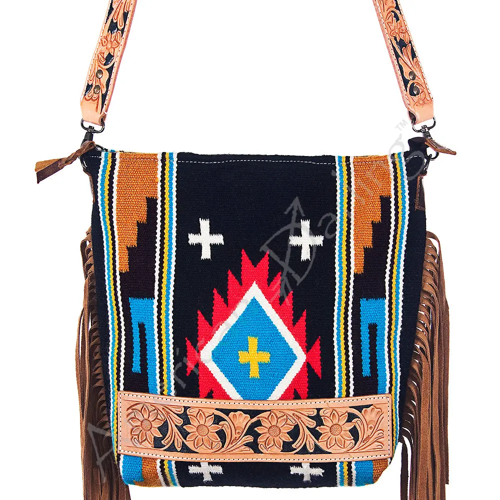 American Darling Crossbody Bag Hand Tooled Saddle Blanket Fabric Genuine Leather Western Women Handbag | For 1