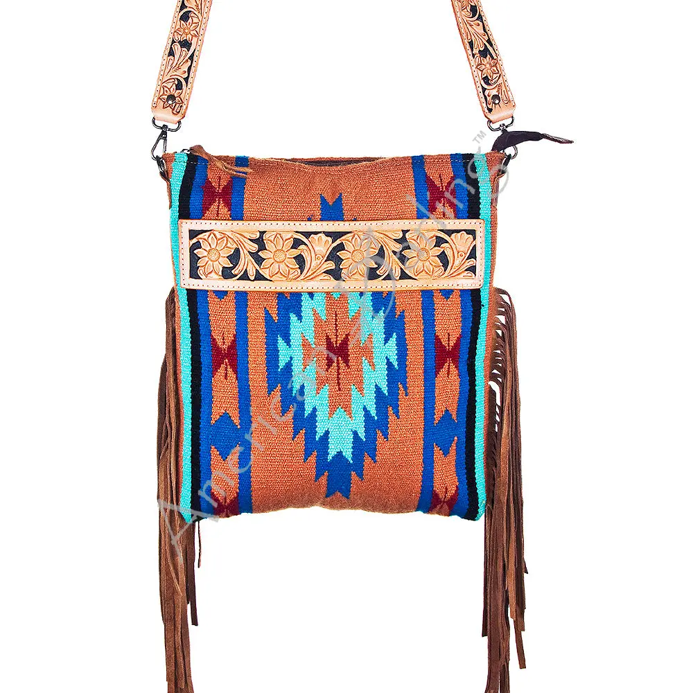 American Darling Large Cross Body Bag - Western Genuine Leather Hand Tooled Floral Purse With Woven Saddle Blanket & Fringe 1