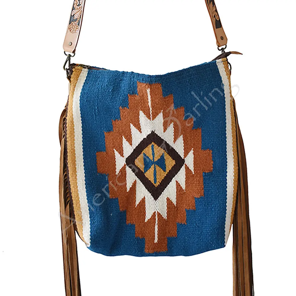 American Darling Large Cross Body Bag - Western Genuine Leather Hand Tooled Floral Purse With Woven Saddle Blanket & Fringe 1