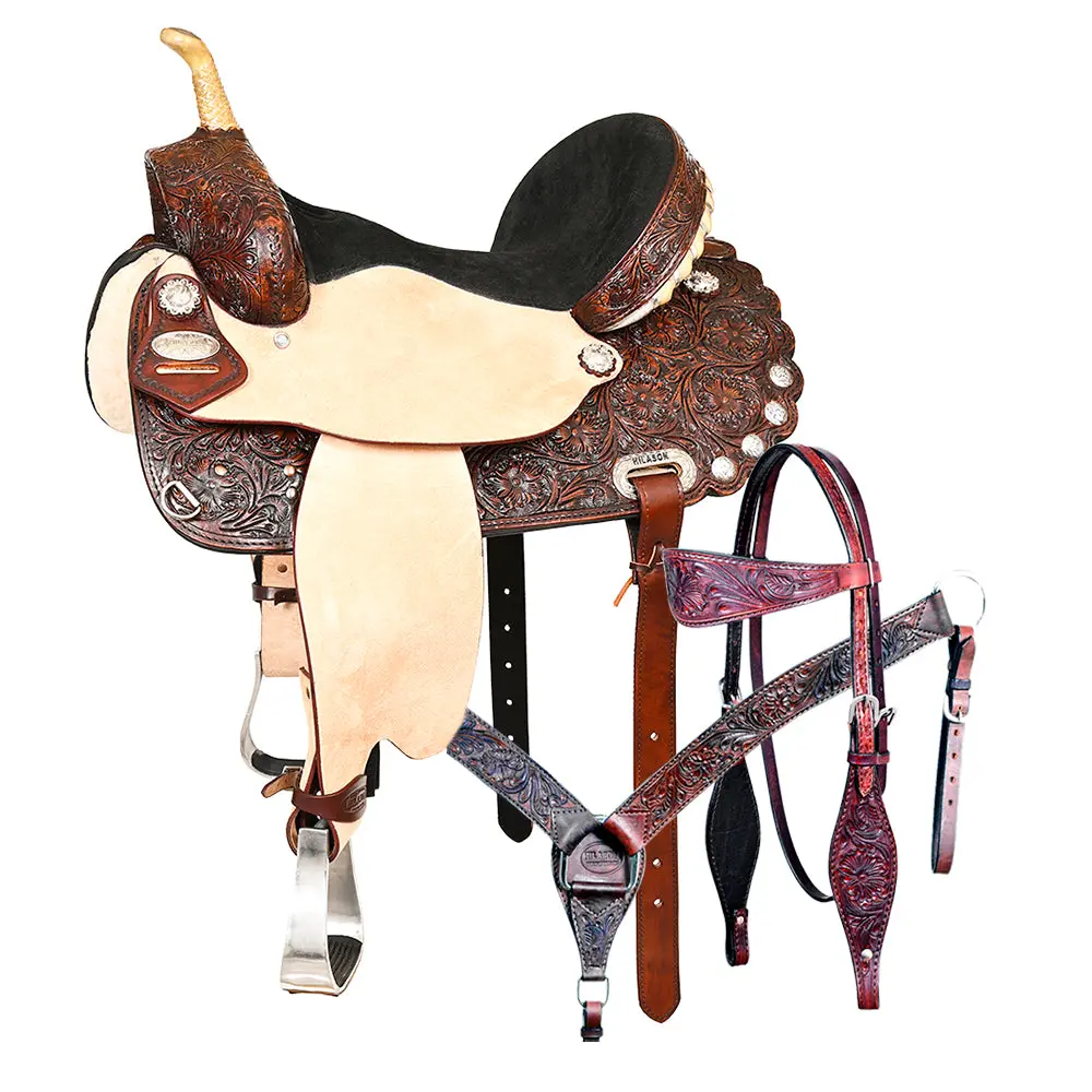 Hilason Western Genuine Leather Horse Saddle With Headstall & Breast Collar Tack Set 1
