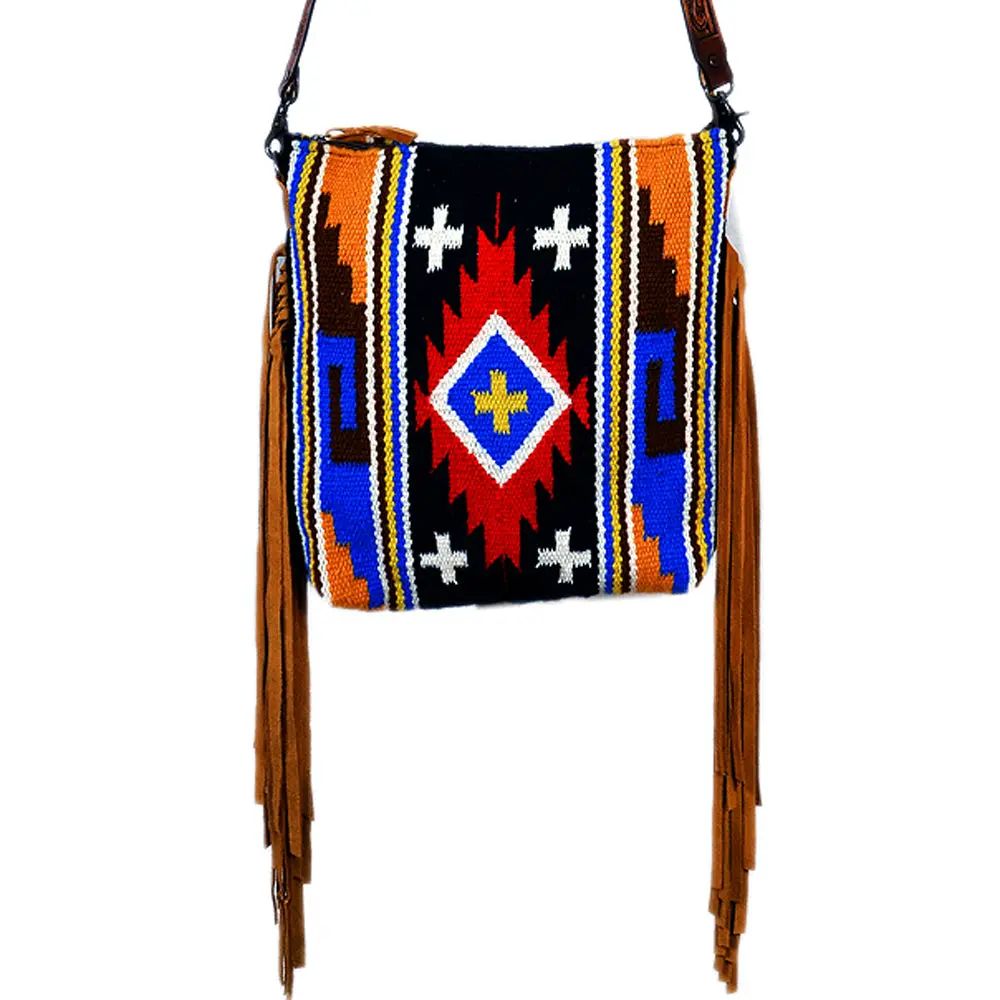 American Darling Large Cross Body Bag - Western Genuine Leather Hand Tooled Floral Purse With Woven Saddle Blanket & Fringe 1