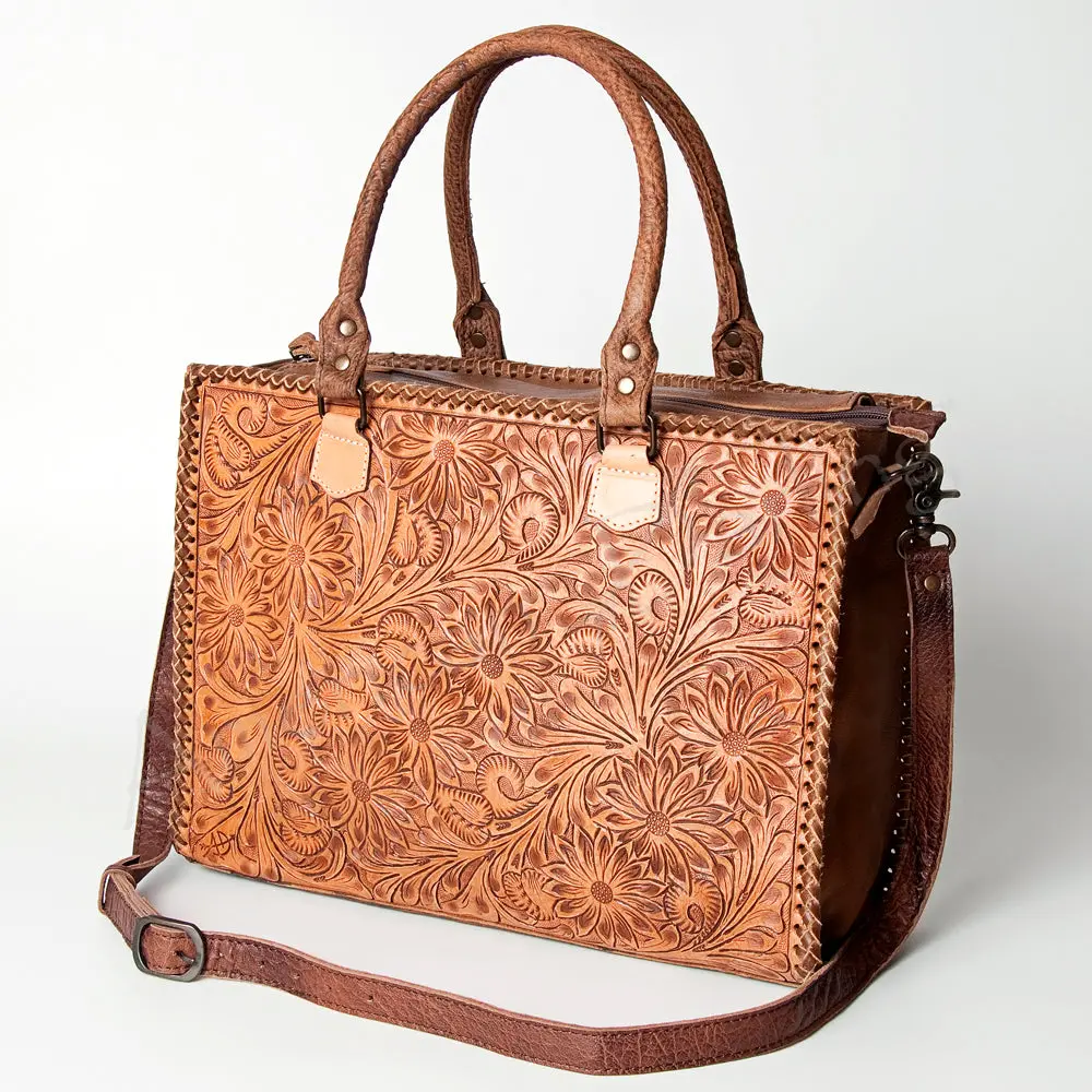 American Darling Tote Bag - Western Leather Hand Tooled Floral Carved Purse With Braided Detailing & Secure Ykk Zipper 1