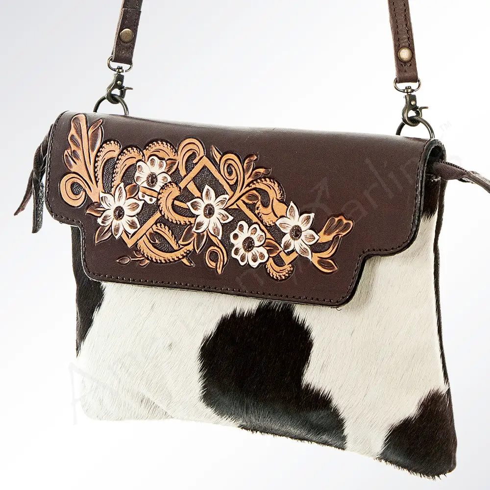 American Darling Envelop Bag Handcrafted From Hand Tooled Genuine Leather And Hair-On Cowhide With Crossbody Strap & Ykk Zipper 1