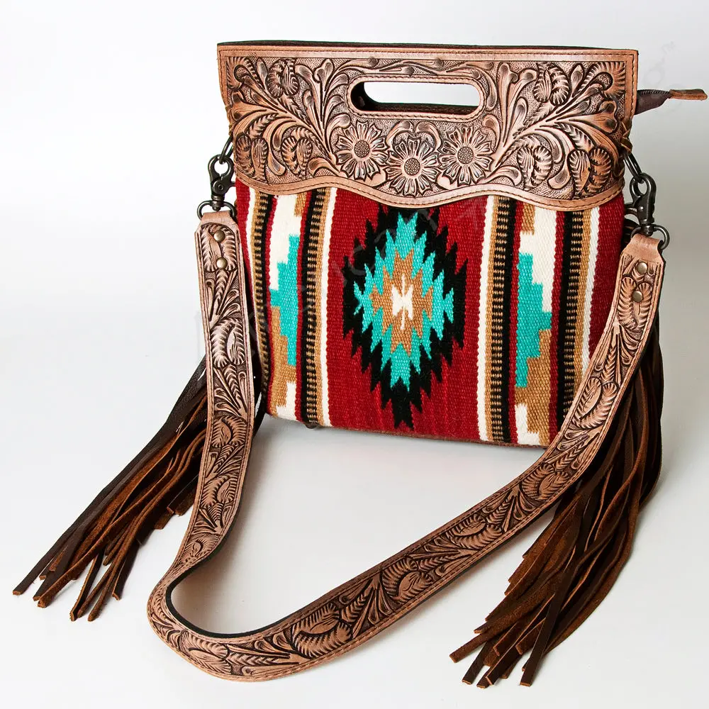 American Darling Signature Cross Body Bag Handcrafted From Hand Tooled Leather And Woven Saddle Blanket With Side Fringes 1