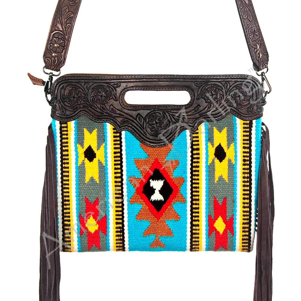 American Darling Signature Cross Body Bag Handcrafted From Woven Saddle Blanket & Hand Tooled Genuine Leather With Fringes 1