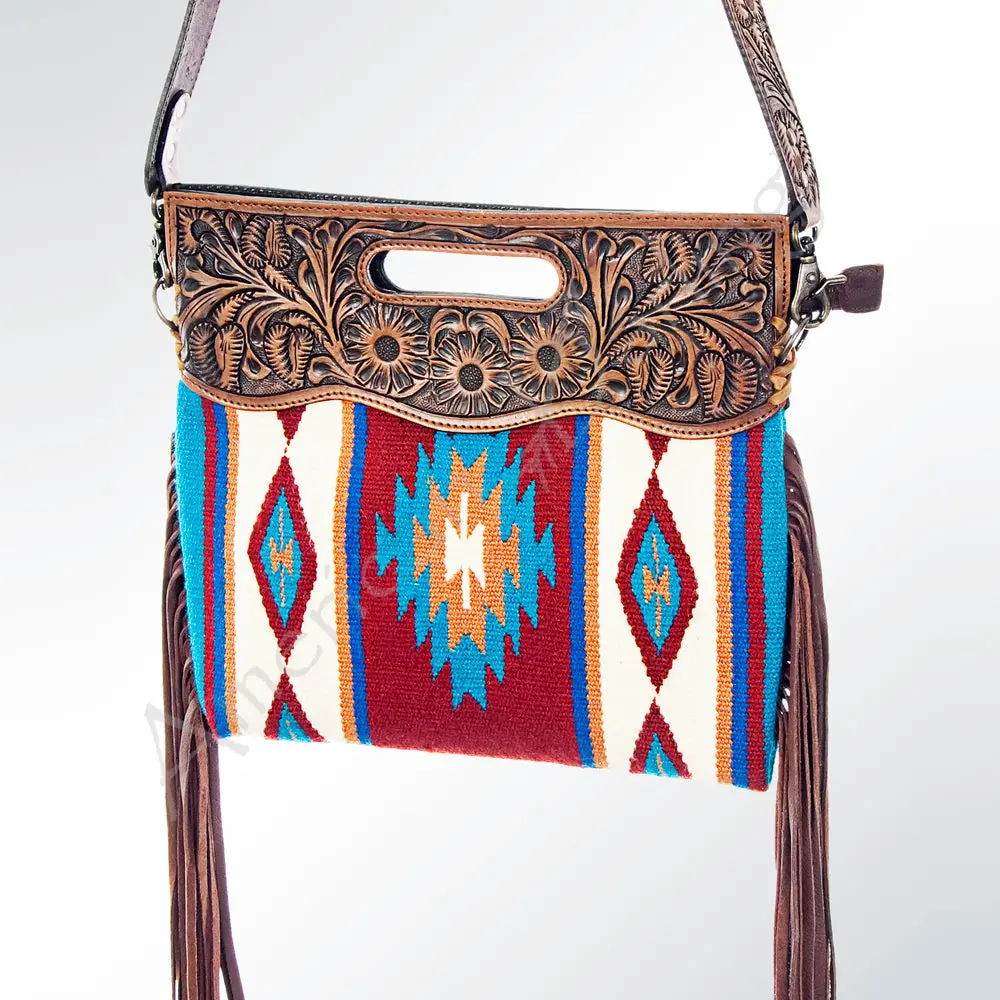 American Darling Signature Cross Body Bag Handcrafted From Woven Saddle Blanket & Hand Tooled Genuine Leather With Fringes 1