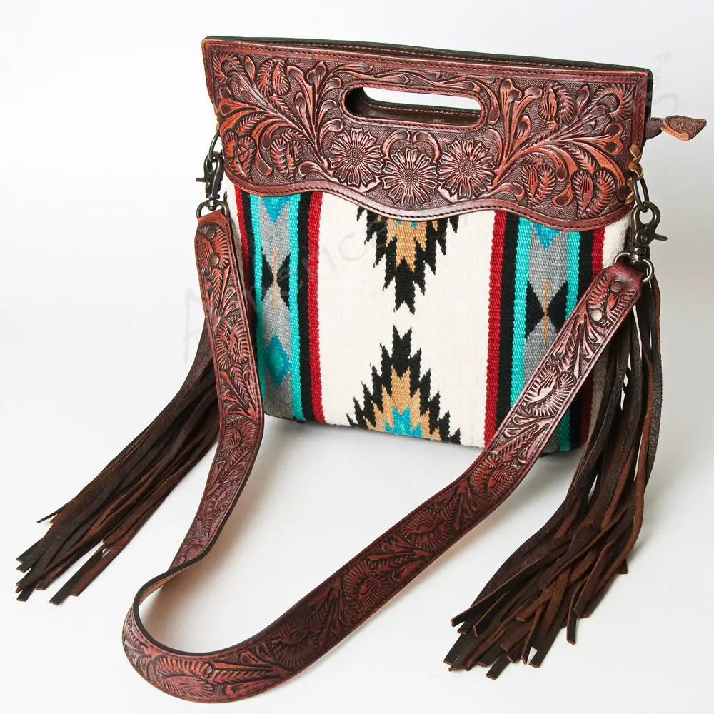 American Darling Signature Cross Body Bag Handcrafted From Hand Tooled Leather And Woven Saddle Blanket With Side Fringes 1