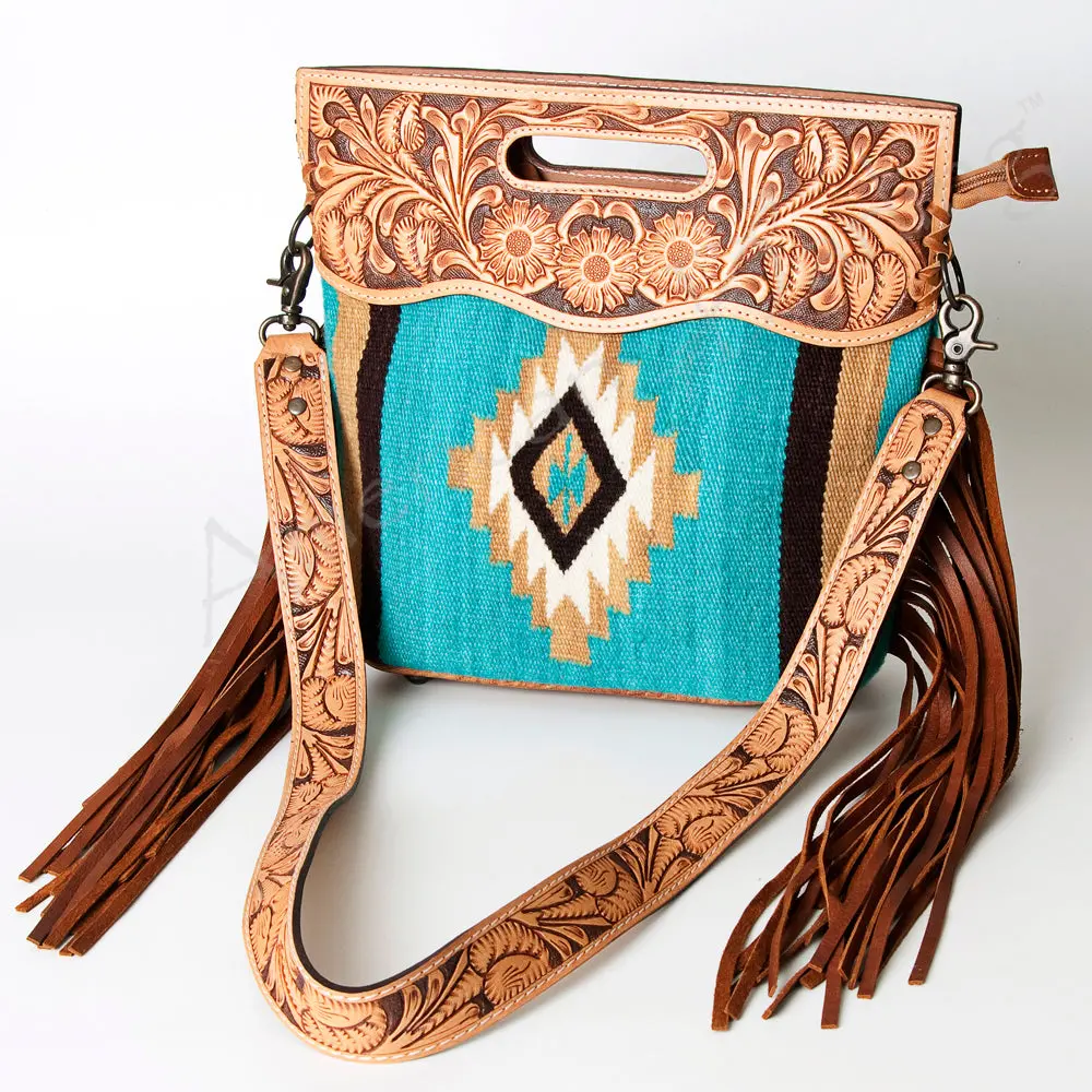 American Darling Signature Cross Body Bag, Hand Tooled Floral Leather, Woven Saddle Blanket With Fringes, Western Crossbody 1