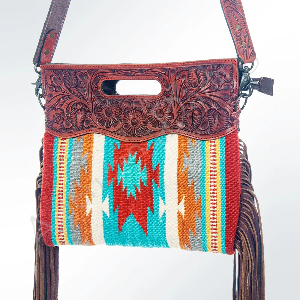 American Darling Signature Cross Body Bag, Hand Tooled Floral Leather, Hand Woven Saddle Blanket With Fringes, Western Purse 1