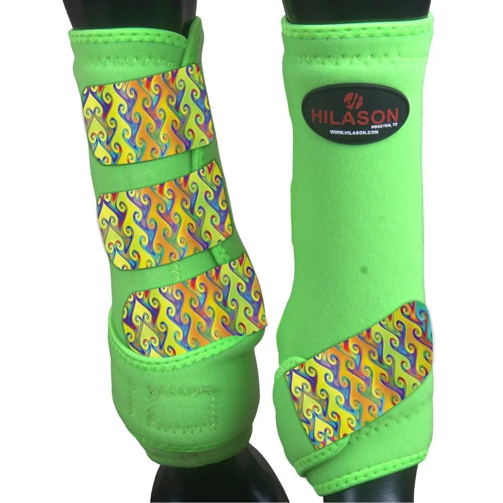 Large Hilason Horse Medicine Sports Boots Front Leg Green W/ Rainbow 1