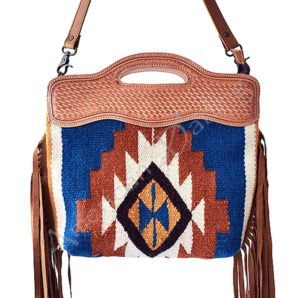 American Darling Cross Body Bag, Basket Weave Hand-Tooled Leather, Hand Woven Saddle Blanket With Fringes, Western Shoulder Purse 1
