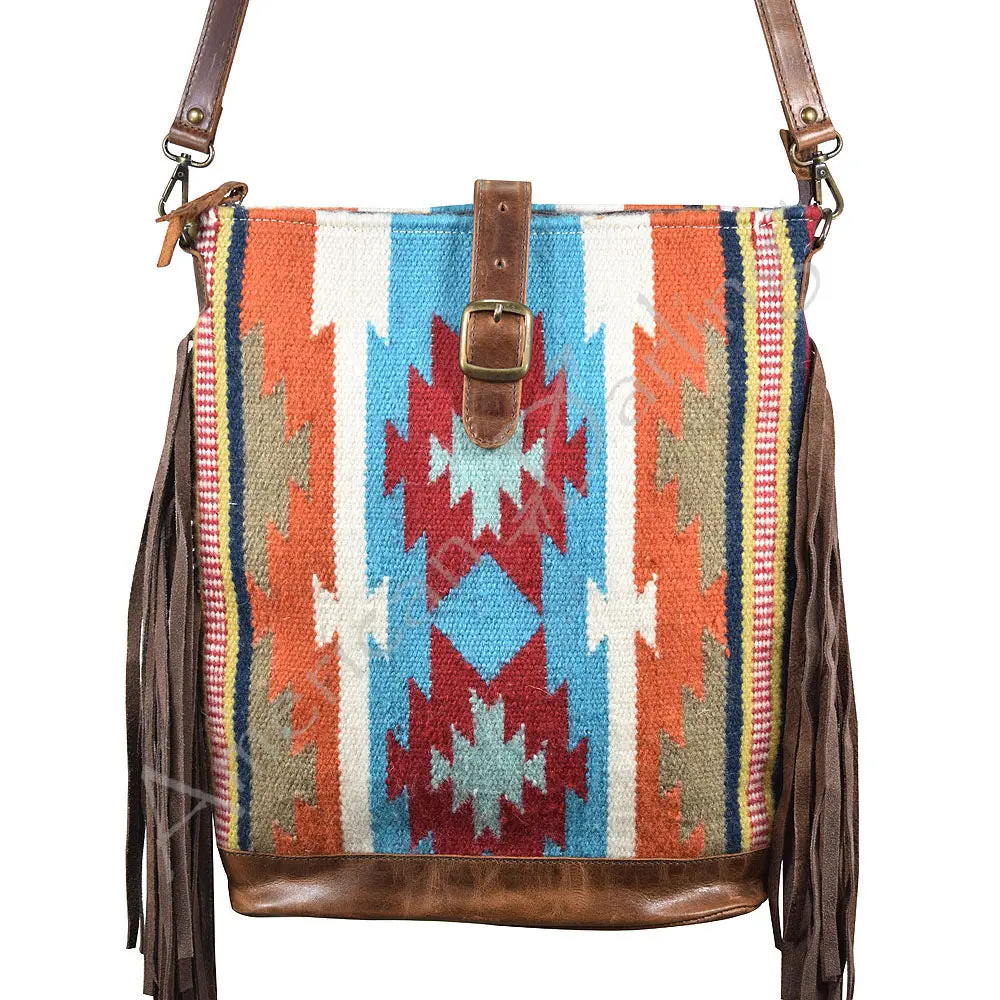 American Darling Large Cross Body Bag, Hand Woven Saddle Blanket With Fringes, Vegetable-Tanned Full Grain Leather Purse 1
