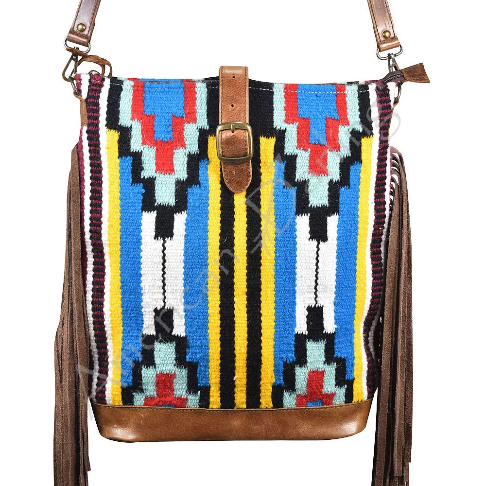 American Darling Large Cross Body Bag, Hand Woven Saddle Blanket With Fringes, Vegetable-Tanned Full Grain Leather Purse 1