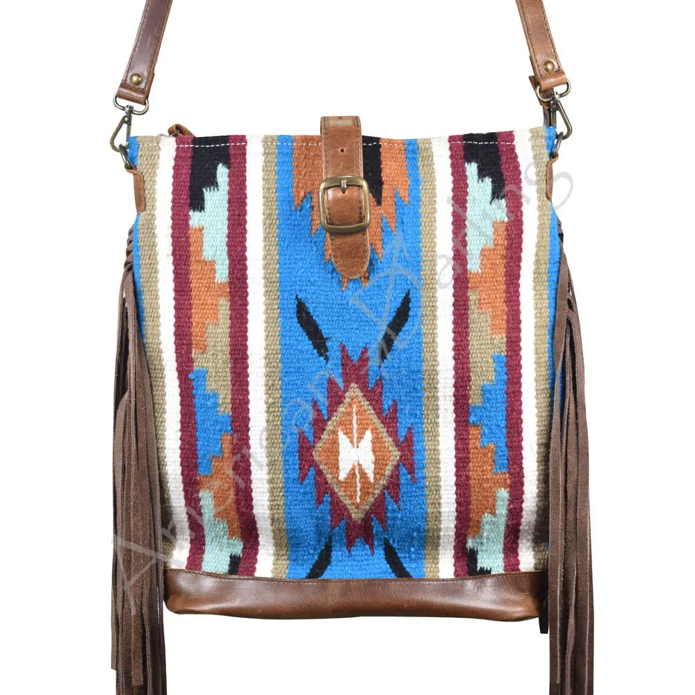 American Darling Large Cross Body Bag, Hand Woven Saddle Blanket With Fringes, Vegetable-Tanned Full Grain Leather Purse 1
