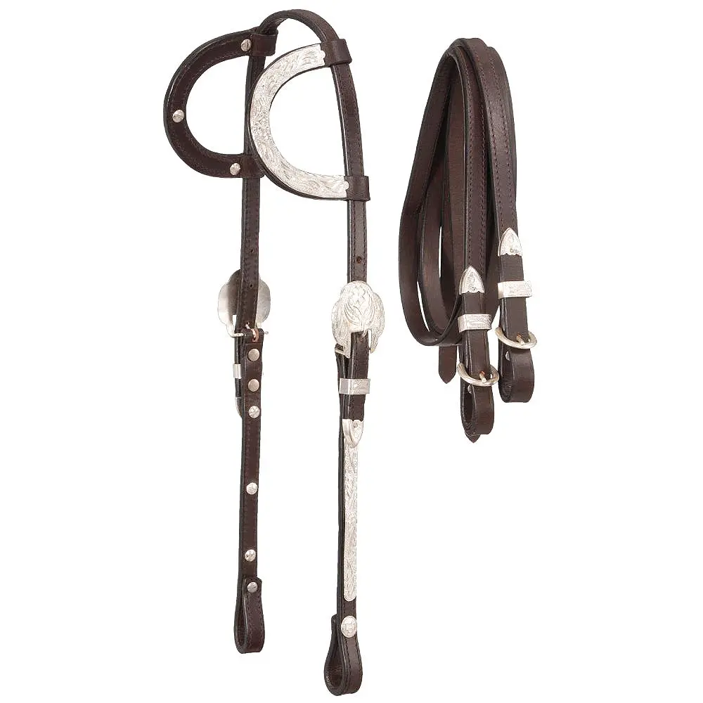 Tough 1 Horse Headstall Leather Royal King Double Ear Silver W/ Reins 1