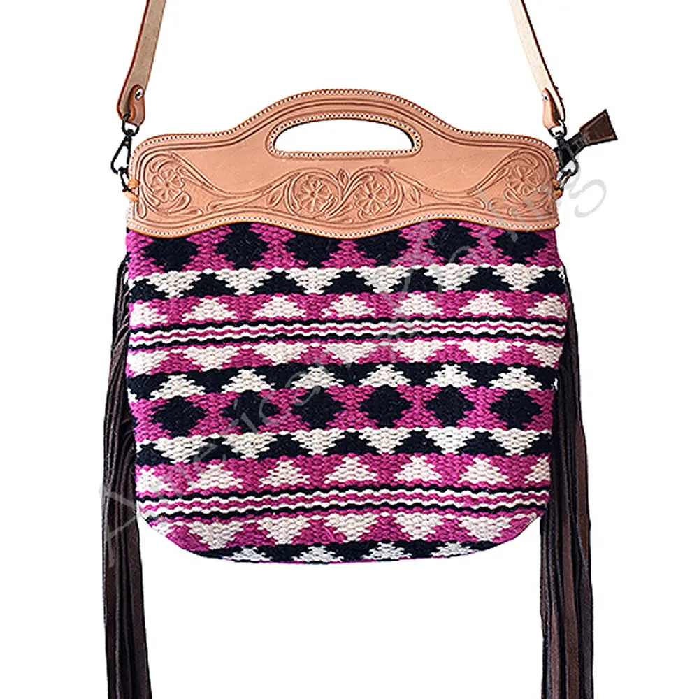 American Darling Cross Body Bag, Hand Tooled Floral Leather, Hand Woven Saddle Blanket With Fringes, Western Crossbody Purse 1