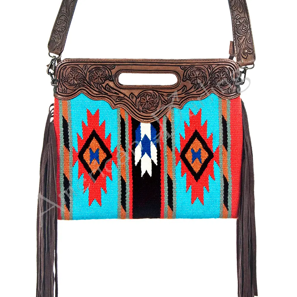 American Darling Clutch Bag, Hand Tooled Floral Leather, Hand Woven Saddle Blanket With Fringes, Western Crossbody Clutch 1