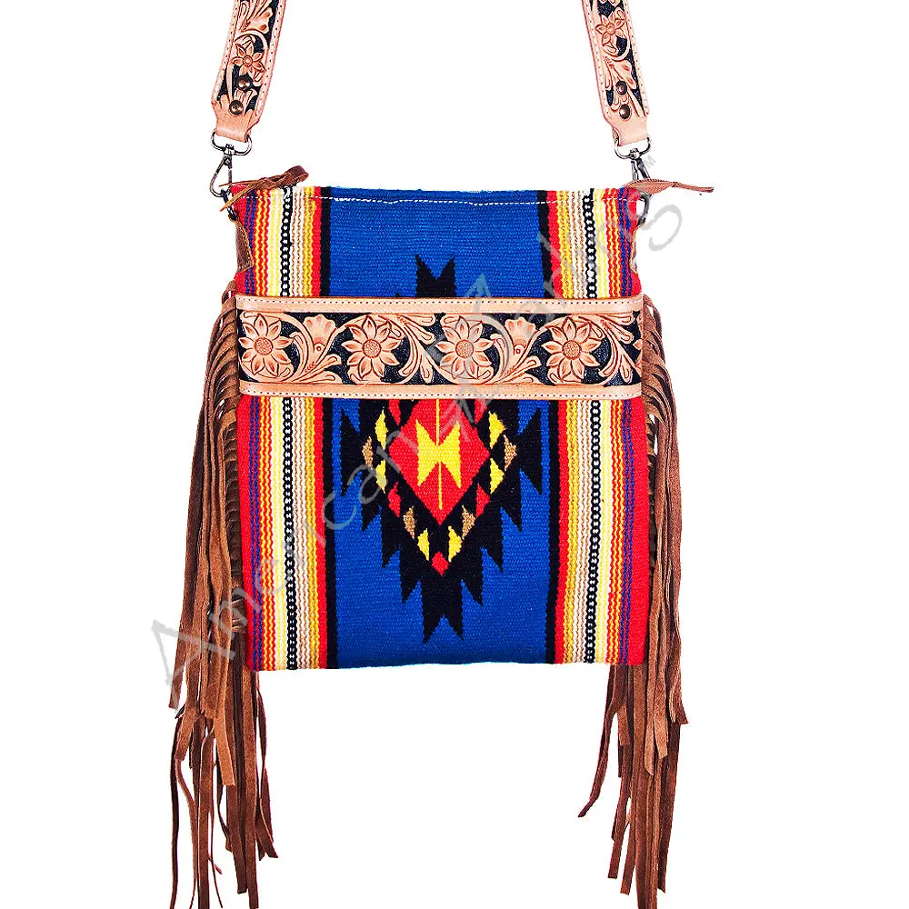 American Darling Large Cross Body Bag, Hand Tooled Floral Leather, Hand Woven Saddle Blanket With Fringes, Western Crossbody 2