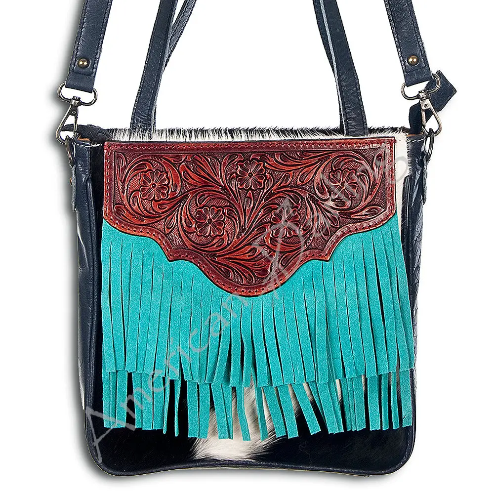 American Darling Cross Body Bag, Hand Tooled Floral Leather, Hair-On Cowhide With Fringes, Western Crossbody Travel Purse 1