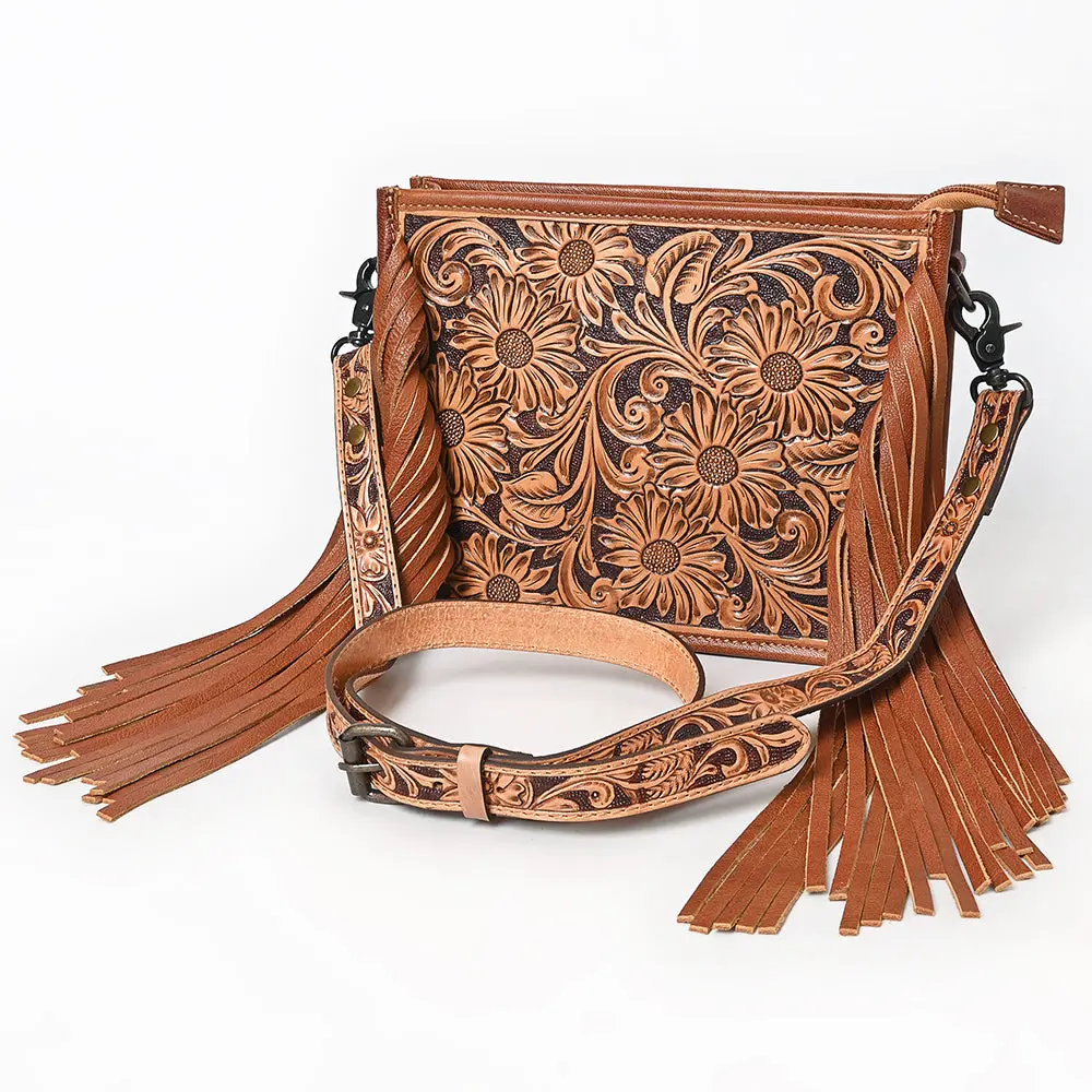 American Darling Messenger Bag Handcrafted From Hand Tooled Floral Carved Genuine Leather With Fringes And Ykk Zipper 4