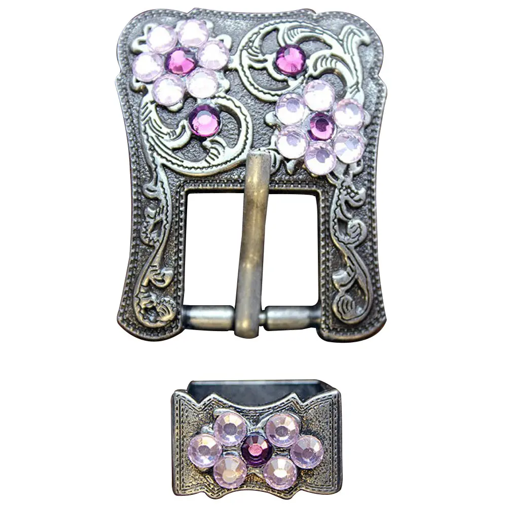 Western Screw Back Concho Crystals Silver Finish Buckle Set Belt 1