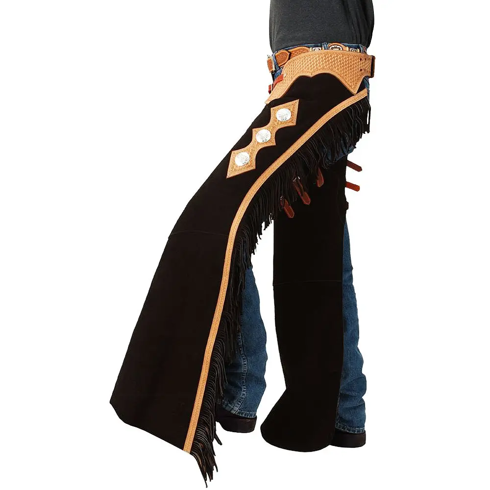 Small Tough1 Western Bull Riding Pro Rodeo Suede Leather Cutting Chaps Black 1