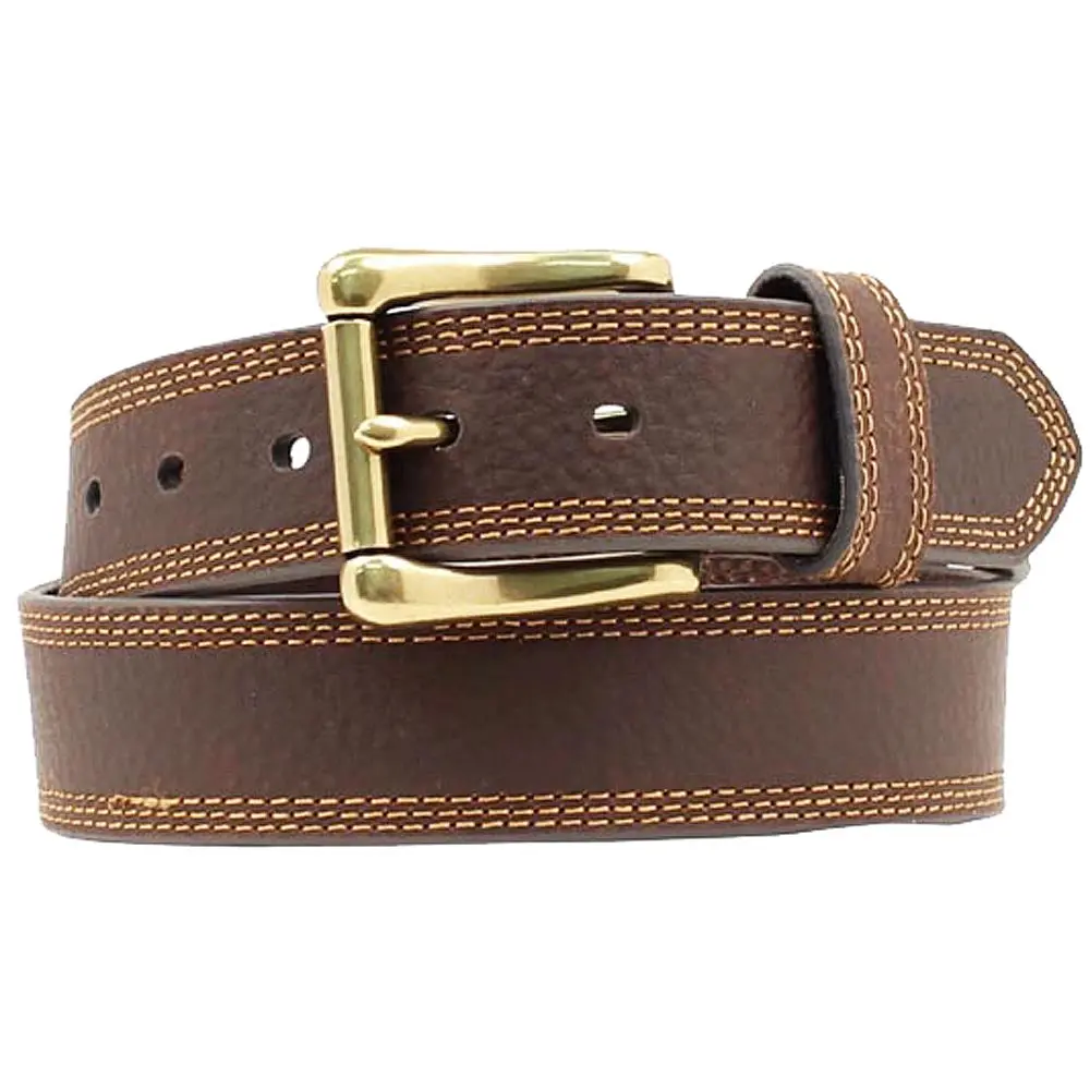Nocona Mens Triple Stitched Leather Belt Brass Finished Buckle Brown 1