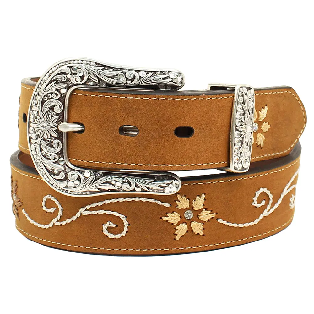 Nocona Womens Belt Genuine Leather Floral Stitched Brown 1