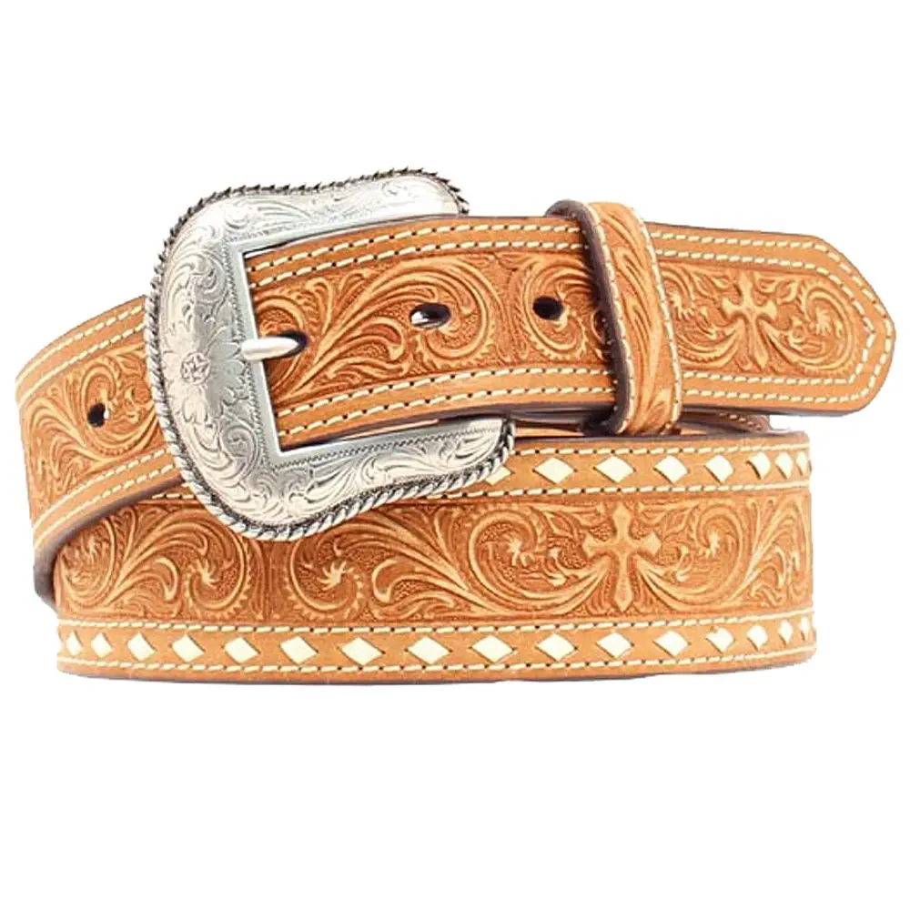 Nocona Western Belt Mens Leather Cross Tapered Stitched Edges Brown 1