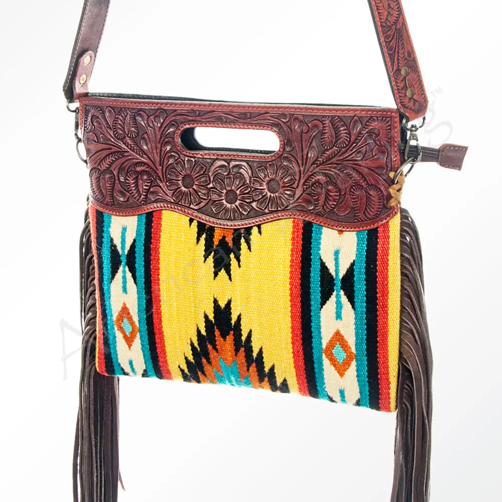 American Darling Signature Cross Body Bag Handcrafted From Hand Tooled Leather And Woven Saddle Blanket With Side Fringes 1