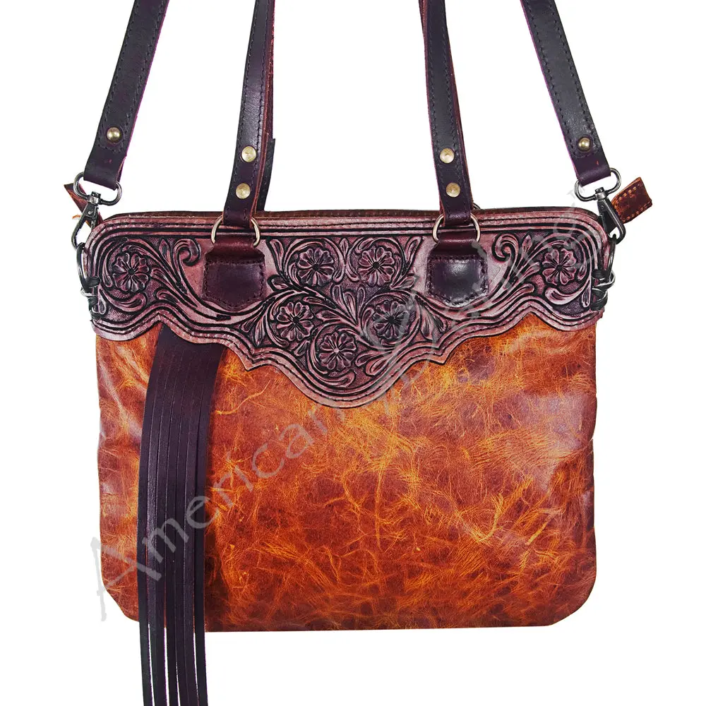 American Darling Small Cross Body Bag Hand Tooled Floral Carved Leather With Fringes Western Crossbody Purse 1