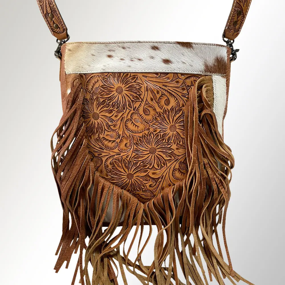 American Darling Messenger Bag Hand Tooled Floral Carved Leather Hair-On Cowhide With Fringes Western Purse 1