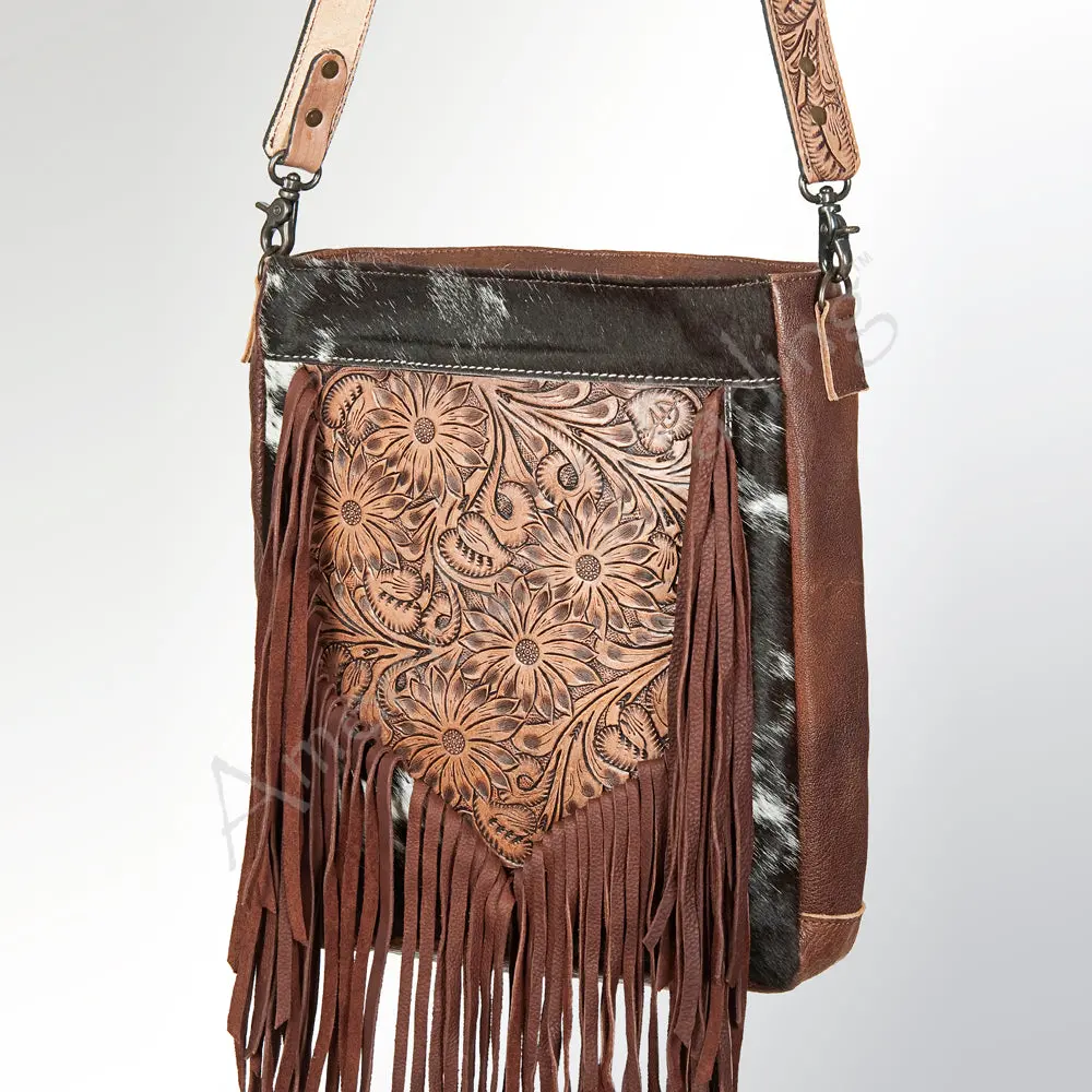 American Darling Messenger Bag Hand Tooled Floral Carved Leather Hair-On Cowhide With Fringes Western Purse 1